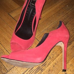 Red open toe pumps